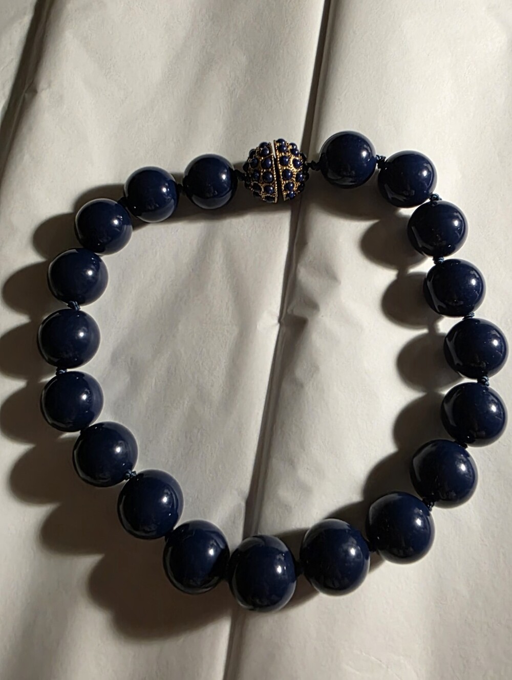 Navy Chunky Beaded Choker Necklace with Gold Accent Clasp 17"